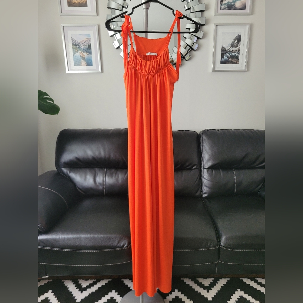 Zara Shoulder Tie Orange Maxi Dress Size Small